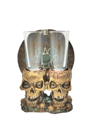 Porta Tequilero Doble Cráneo Con Calendario Azteca 18cm