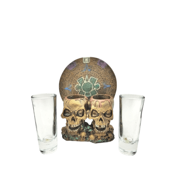 Porta Tequilero Doble Cráneo Con Calendario Azteca 18cm - Image 2