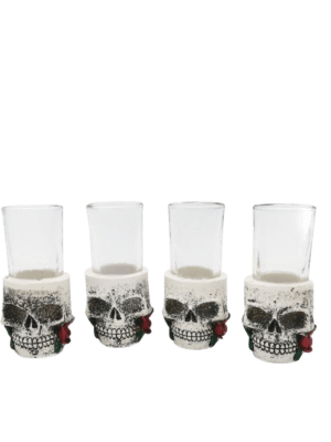 Juego De 4 Tequileros De Calavera Con Rosa 10cm