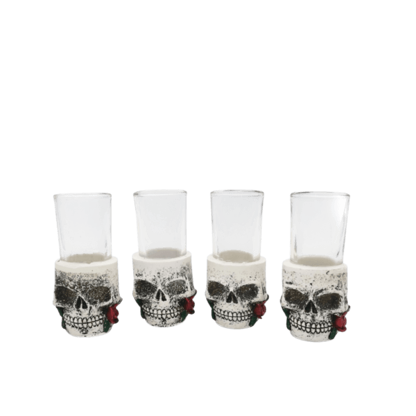 Juego De 4 Tequileros De Calavera Con Rosa 10cm