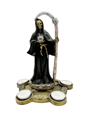 Santa Muerte Negra Con Base Pentagrama Candelabro