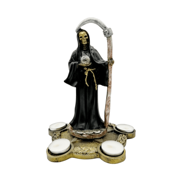 Santa Muerte Negra Con Base Pentagrama Candelabro